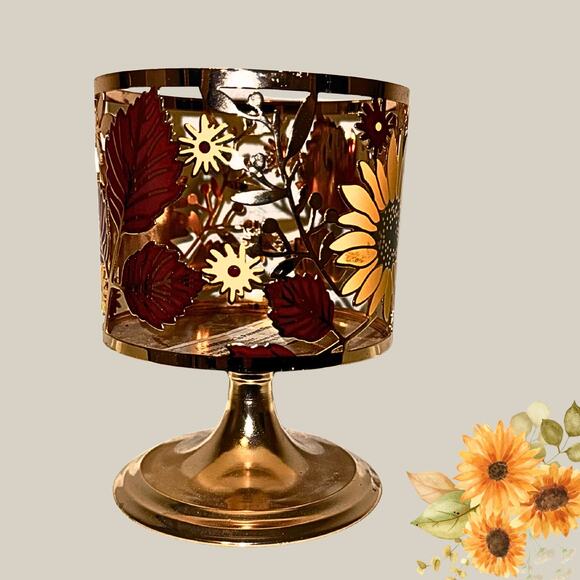 Fall Sunflower Candle Pedestal — Bronze Metal Holder with Red & Gold Leaves - Picture 3 of 6